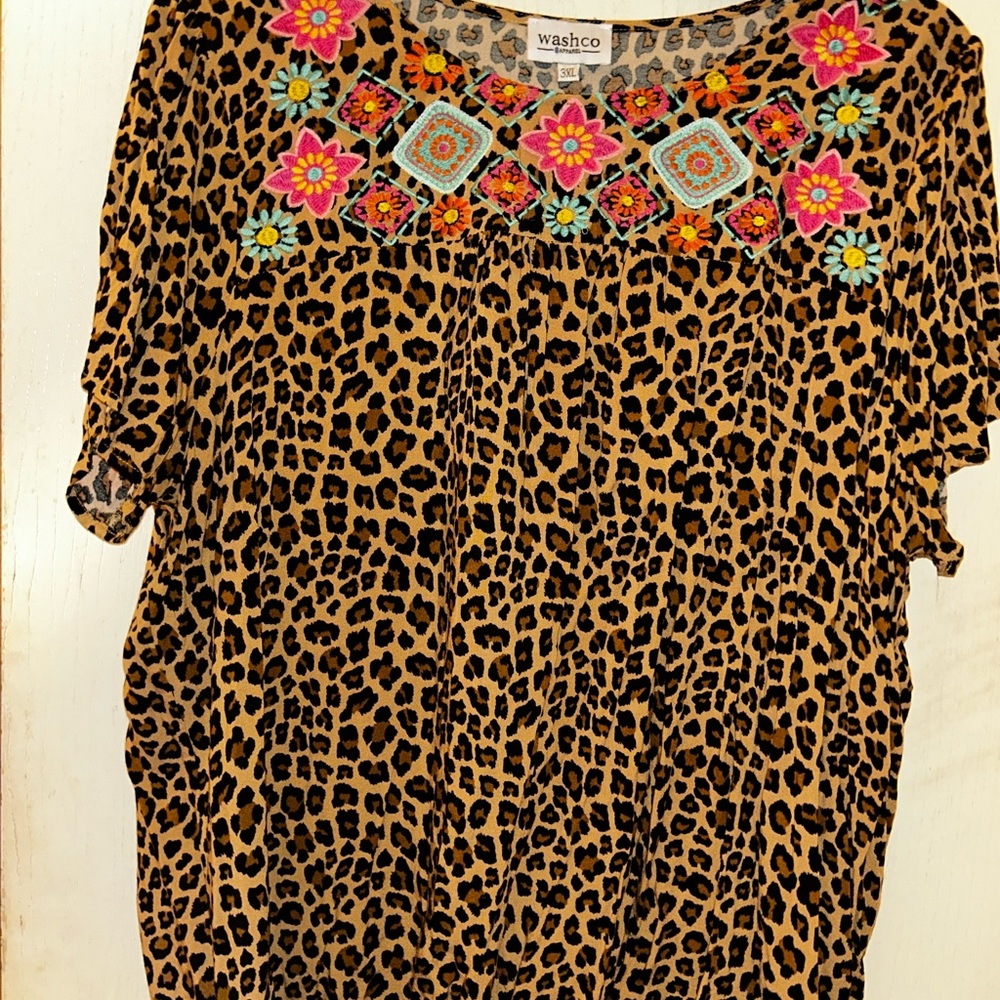 Women's Leopard Print Top with Floral Embroidery